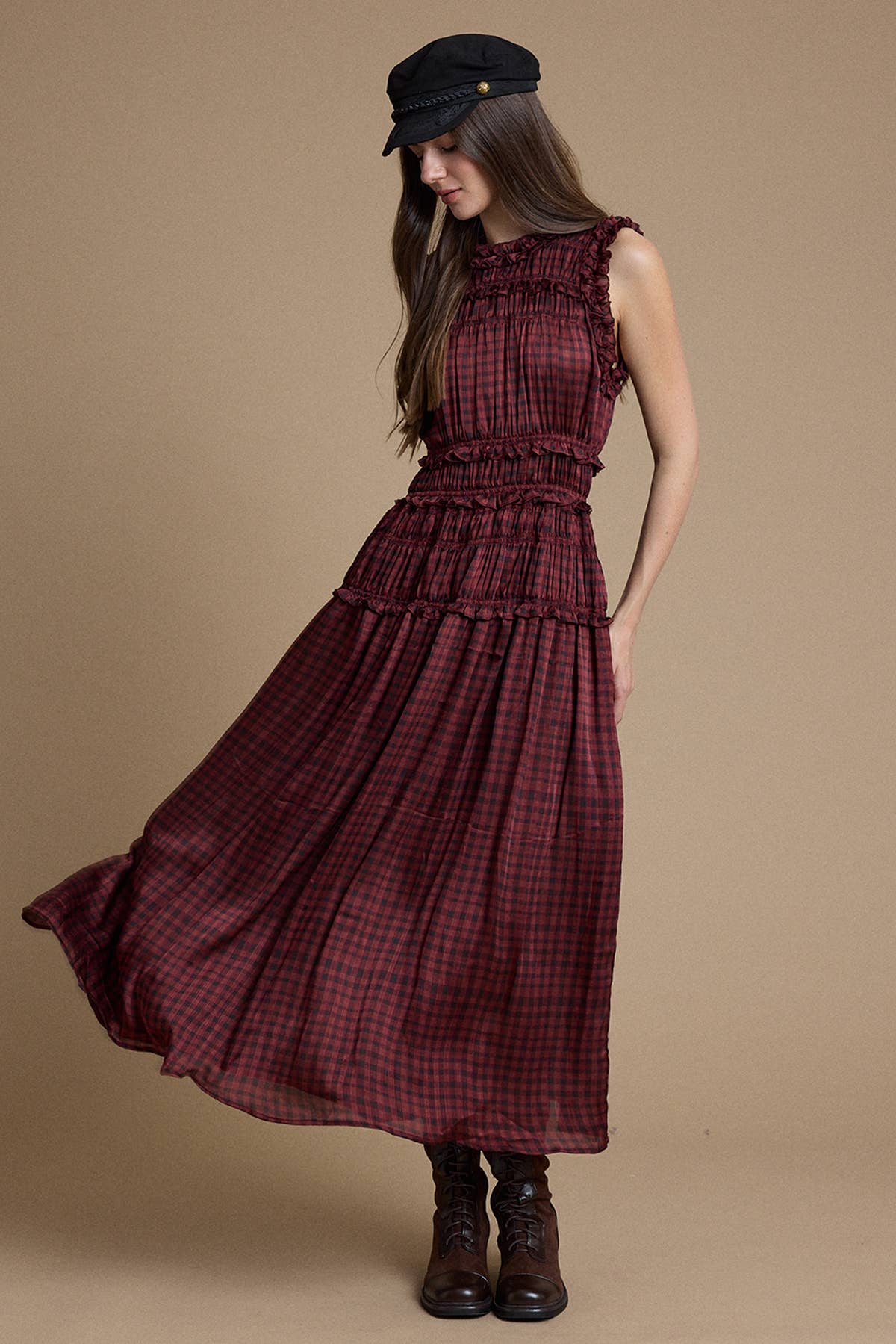 womens midi dress red and black plaid check with ruffle sleeveless fall dress sold online and instore at Bolt Ranch Store