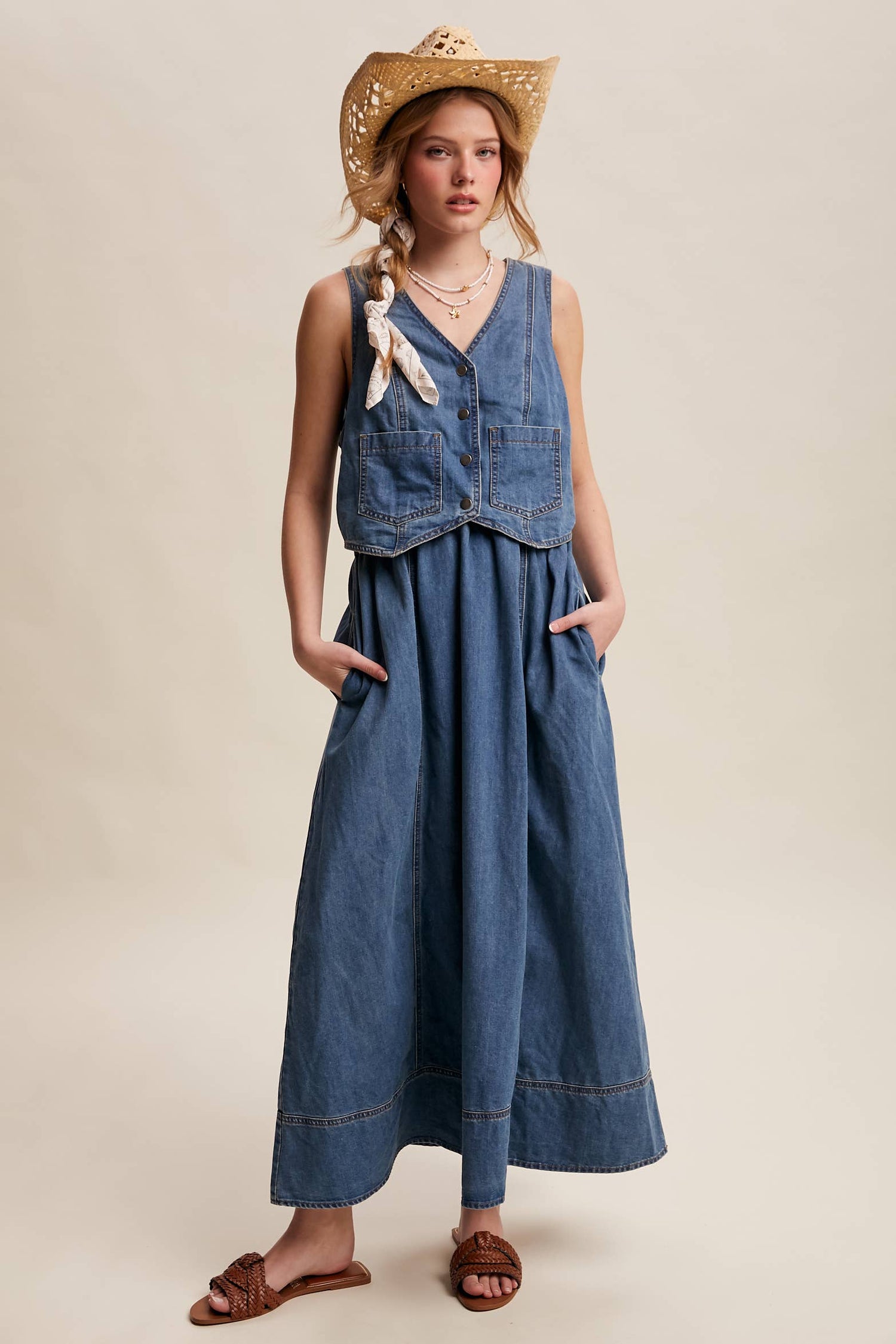 Western clothing Utah womens fashion Denim Vest Detail Maxi Dress Drift Blue SKU LD1621DFB Boltranchstore.com free shipping