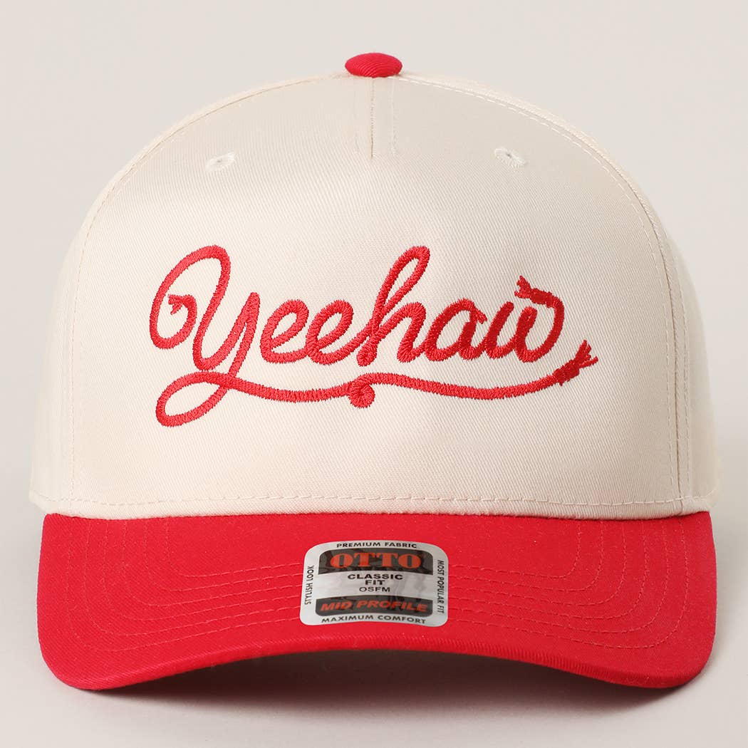 Cap with 'Yeehaw' embroidery on a light gray background red hat red brim boltranchstore.com