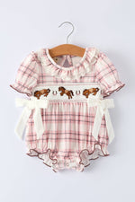 Baby romper with plaid pattern and horse design smocked with bows ruffle neck puff sleeve pink plaid boltranchstore.com