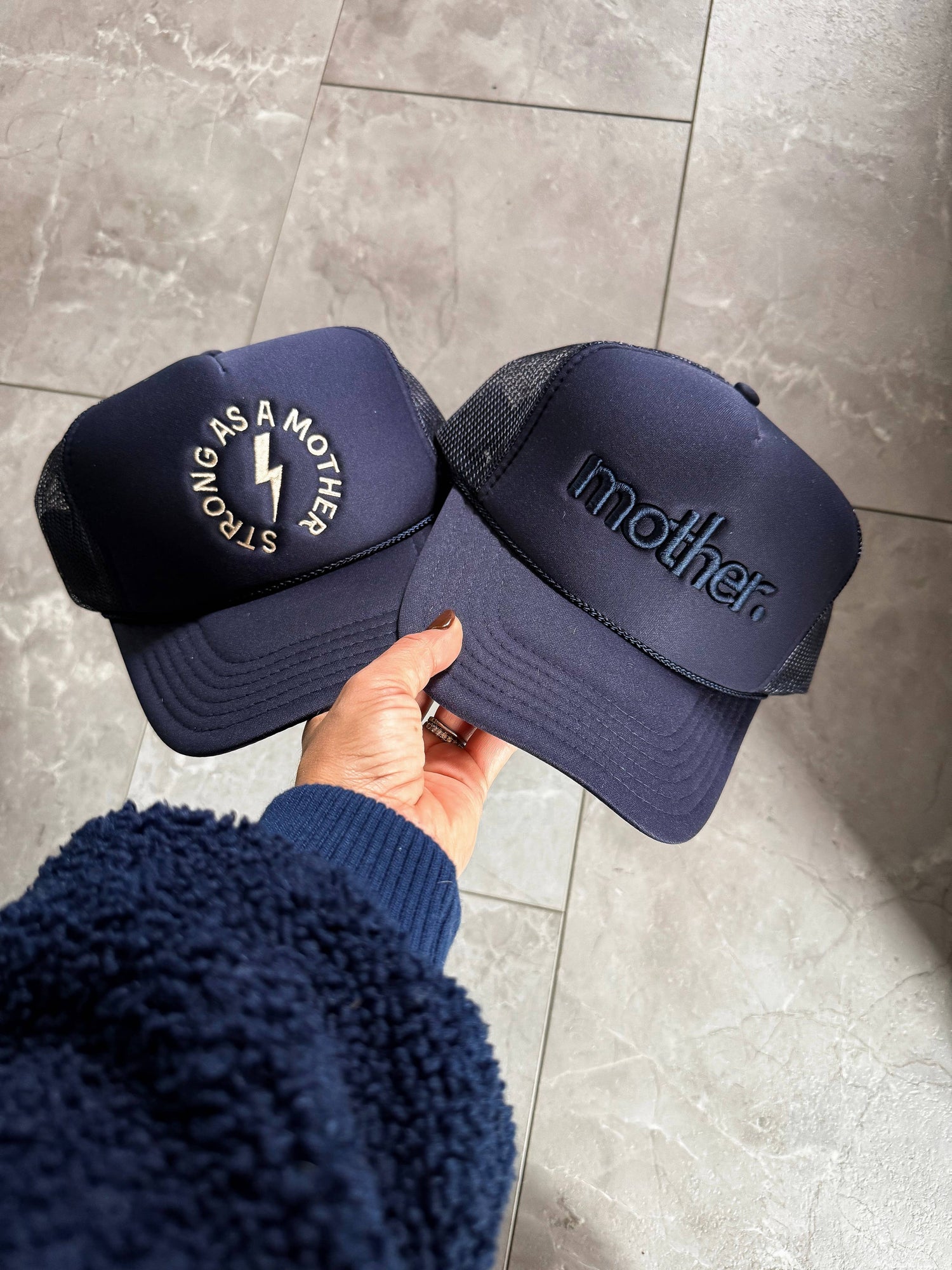 Strong As A Mother Embroidered Trucker Hat in Navy