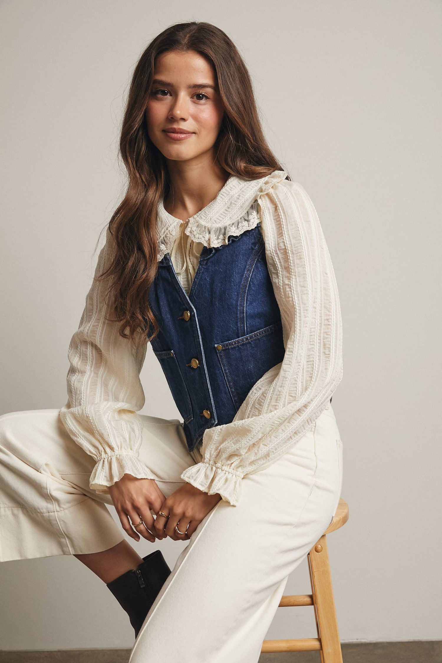 Womens Ruffle Trim Denim Vest