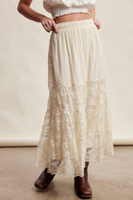 Listicle Lace Tiered Maxi Skirt pull on elastic waistband with a relaxed flowy maxi silhouette western fashion