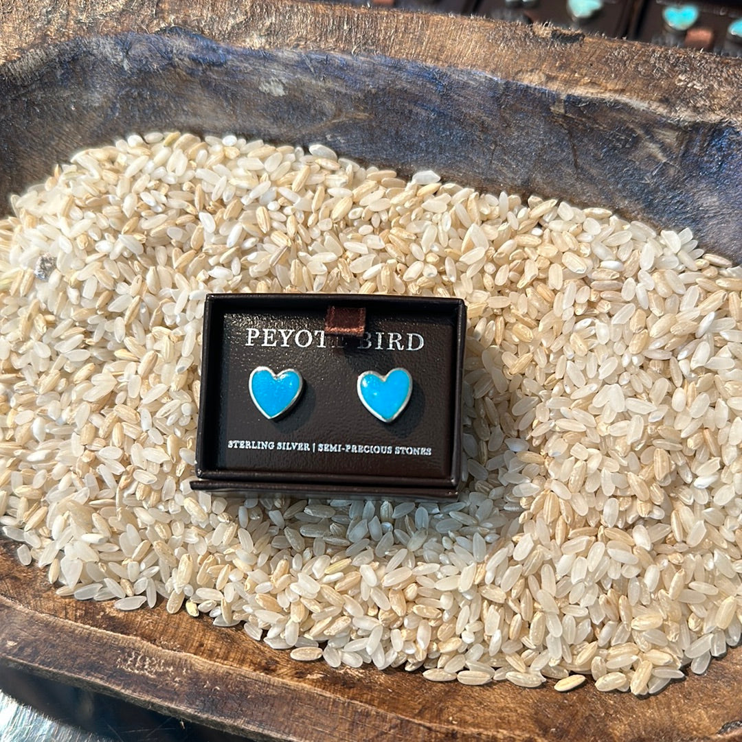 turquoise heart stud earrings sterling silver peyote bird at Boltranchstore.com