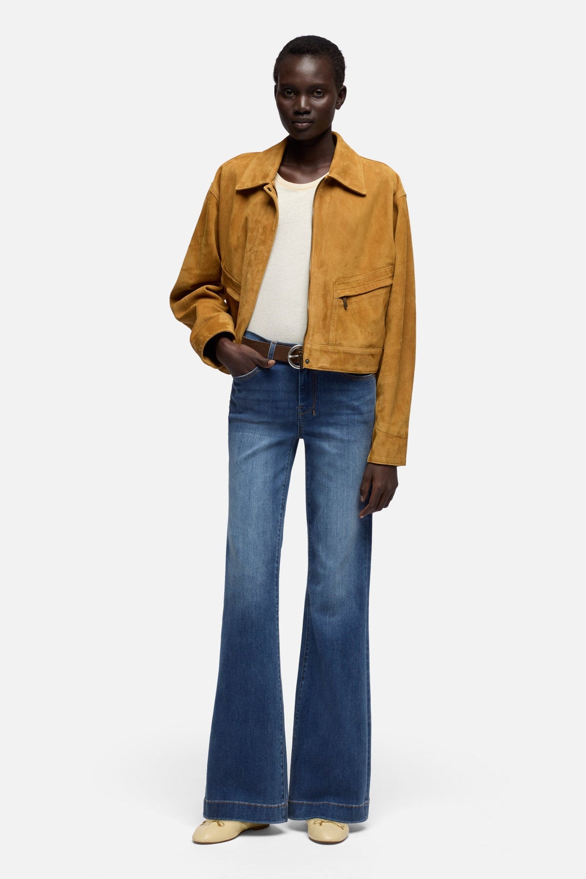 7 For All Mankind Dojo in Denim Gale mid rise fit through the hips and thighs with a full length wide leg western fashion