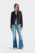 7 For All Mankind Tailorless Dojo in Comfort Blue Haze mid rise leg lengthening silhouette with a shorter inseam that skips alterations western fashion