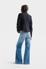 7 For All Mankind Tailorless Dojo in Comfort Blue Haze wide leg with a flared hem that pairs with ankle boots cowgirl style Kamas