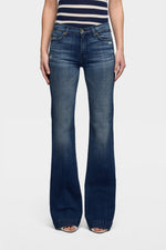 7 For All Mankind Dojo 36 in Slim Illusion Lake Blue wide full length leg with a subtle flare cowgirl denim Kamas