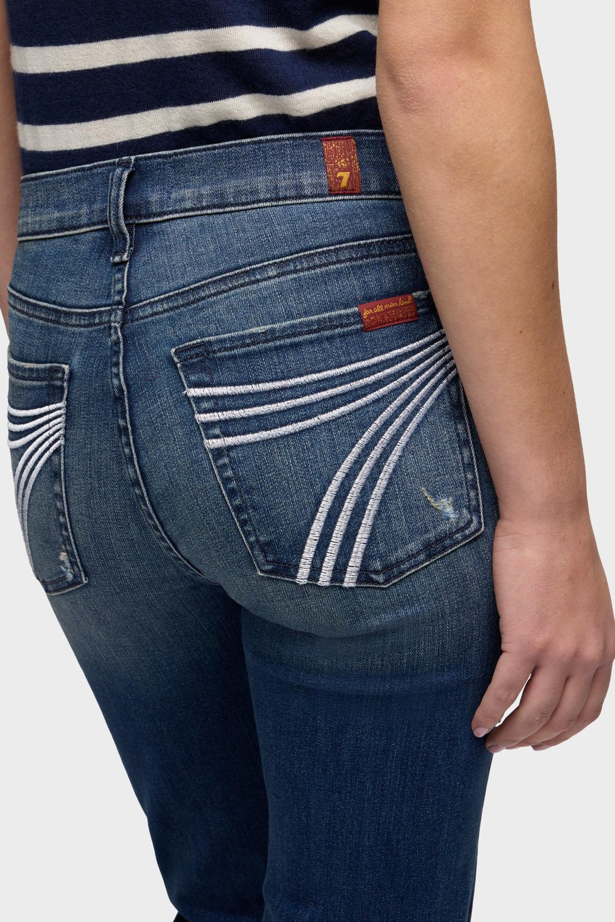 7 For All Mankind Dojo 36 in Slim Illusion Lake Blue extra long 36 inch inseam for an elongated silhouette with boots