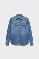 WESTERN SHIRT in Denim Avenue dark wash premium denim shirt with metallic stud trim womens western boutique Utah SKU 7U840H083S9 Boltranchstore.com