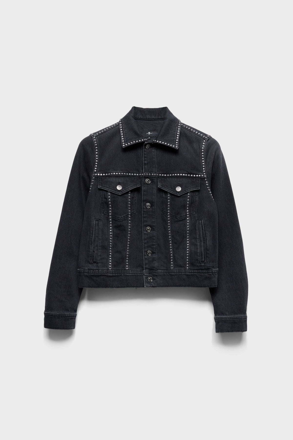 7 For All Mankind Adi Trucker Jacket in Denim Nocturne black wash cotton stretch denim jacket womens western boutique Utah SKU 7UJ60C313S8