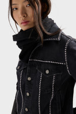 7 For All Mankind Adi Trucker Jacket in Denim Nocturne metallic stud trim tracing the collar and front panels western fashion