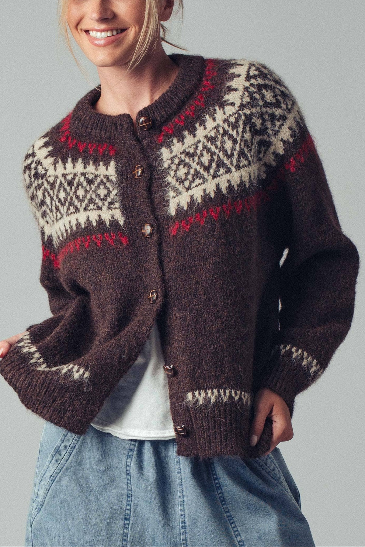 Fair Isle Nordic Knit Cardigan Urban Daizy womens european sweater brown popular Boltranchstore.com free shipping