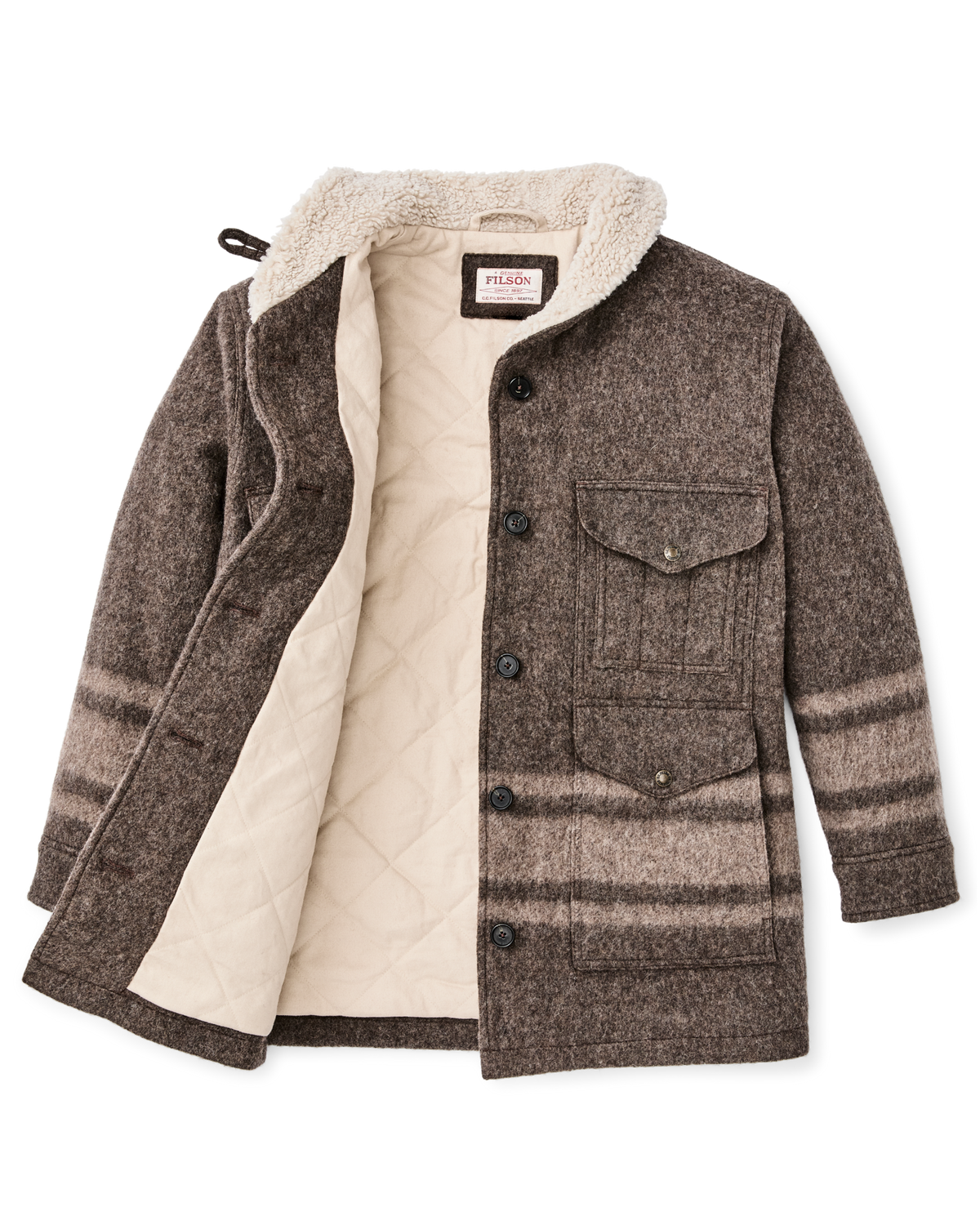 Filson Womens Kodiak Shawl Collar Coat Khaki Heather Stripe button front closure down the length of the coat Park City