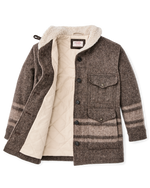 Filson Womens Kodiak Shawl Collar Coat Khaki Heather Stripe button front closure down the length of the coat Park City