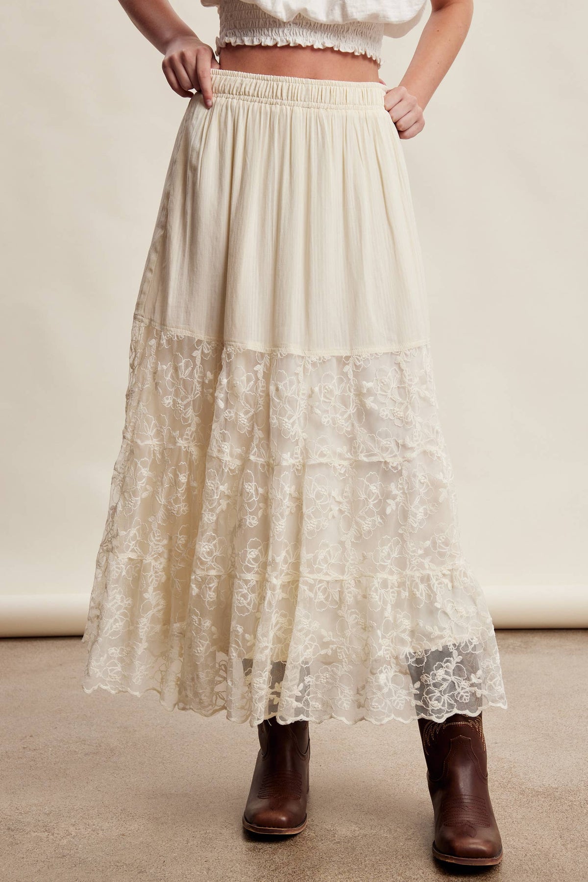 Listicle Lace Tiered Maxi Skirt ecru floral lace tiers with a textured woven upper womens western boutique Utah LSK0288ECRU