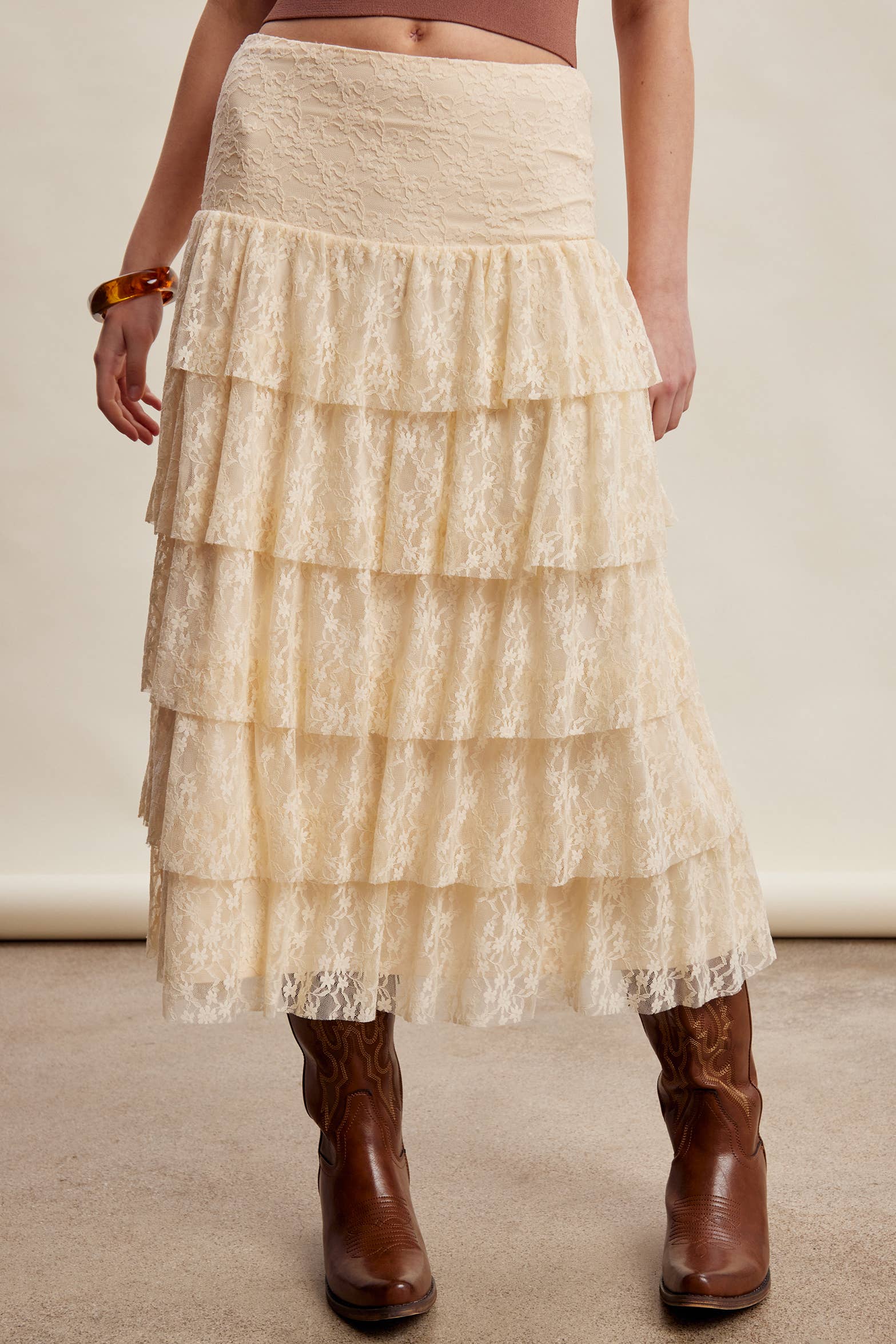 Womens western boutique Utah womens fashion Tiered Lace Midi Skirt Cream SKU LSK0286CRM Boltranchstore.com free shipping