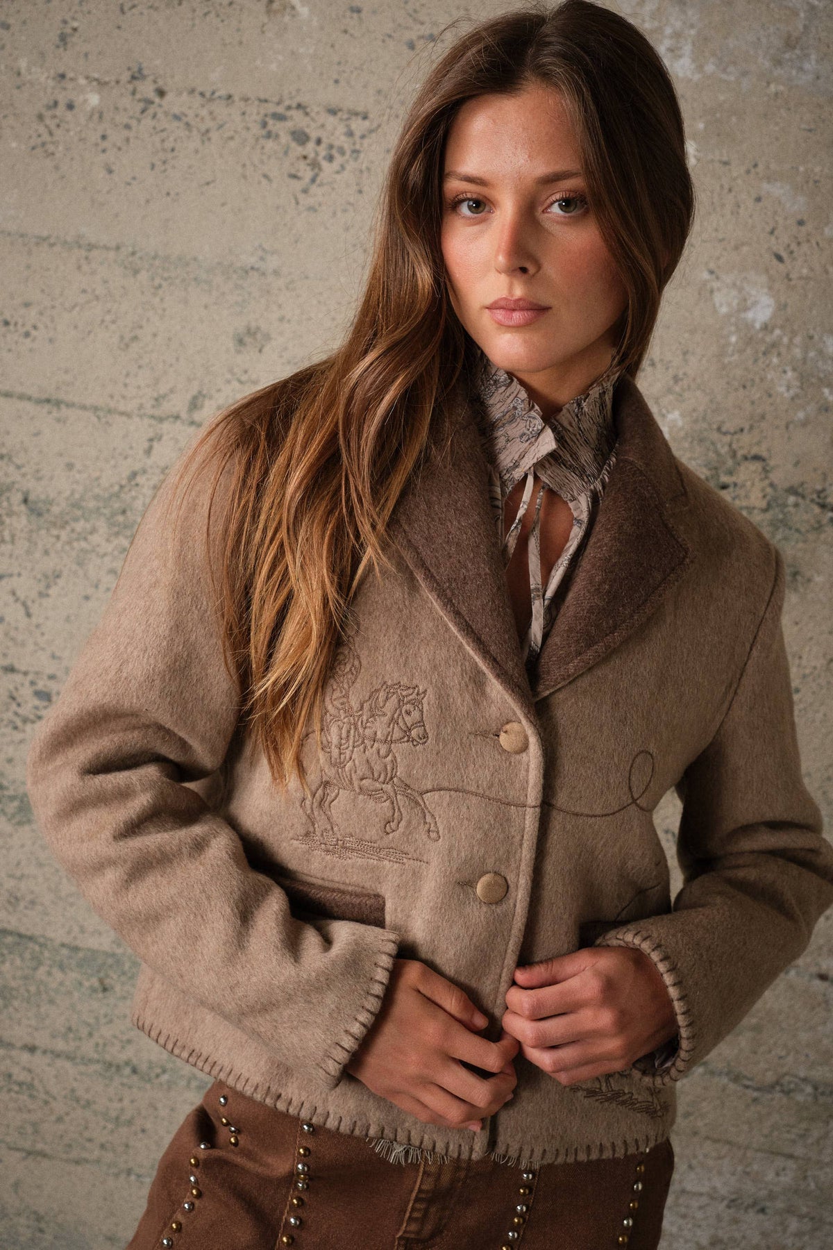 Blue B Western Two Tone Embroidered Jacket Mocha soft brushed wool blend texture with tonal stitching for everyday cowgirl style Utah