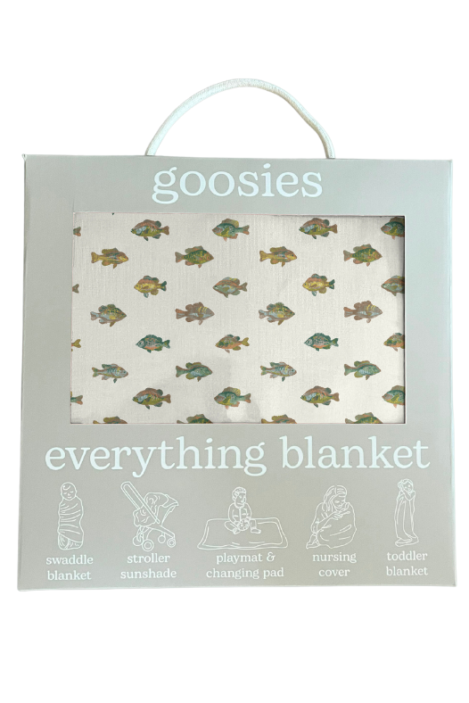 Goosies everything blanket packaging with fish pattern swaddle blanket stroller sunshade playmat and changing pad nursing cover toddler blanket Boltranchstore.com