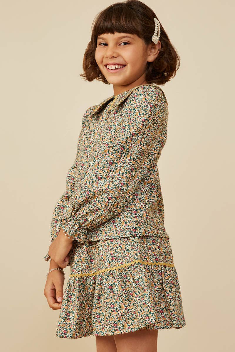 Girls Wavy Twill Trimmed Peter Pan Collar Top