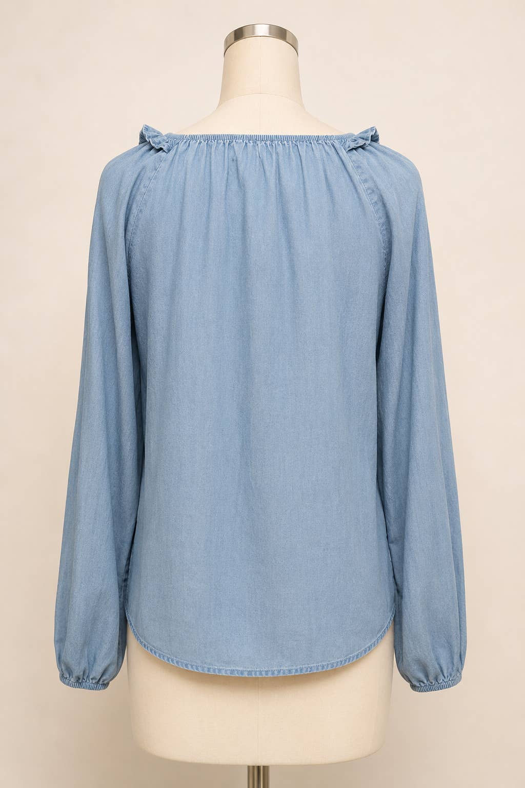 Blue B Western Embroidered Chambray Top smooth gathered yoke and curved shirttail hem in soft Tencel chambray