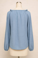 Blue B Western Embroidered Chambray Top smooth gathered yoke and curved shirttail hem in soft Tencel chambray