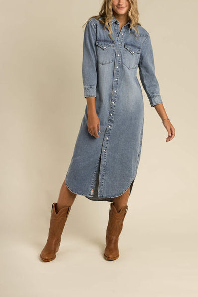 The Sendero Annie Pearl Snap Shirtdress washed denim popular viral Boltranchstore.com Free Shipping womens denim dress 840380302383