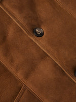 Schaefer Bitterroot Shearling Coat button front closure on rich brown leather side ranch wear