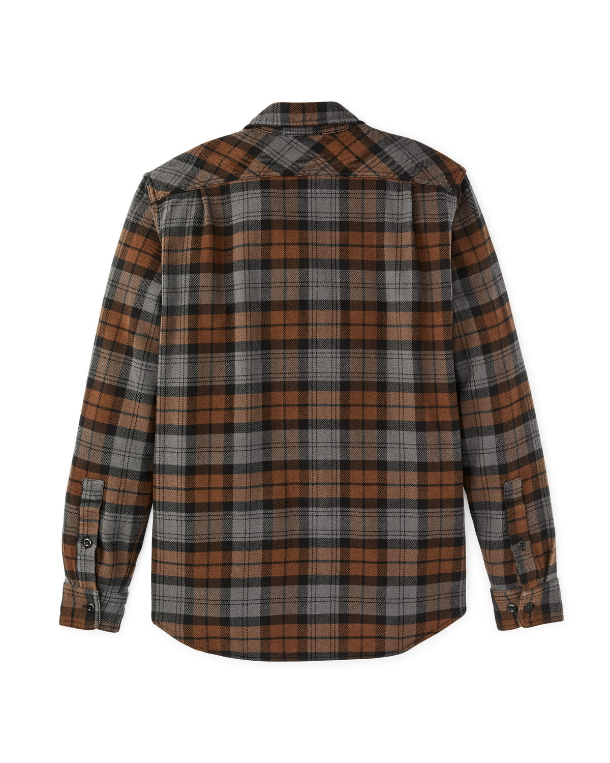 Filson Vintage Flannel Work Shirt Brown Charcoal Plaid button adjustable cuffs with double needle flat felled seams Kamas western store