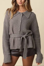 Womens Olivaceous Maci Belted Knit Jacket in a gray button down and belted at Bolt Ranch Store
