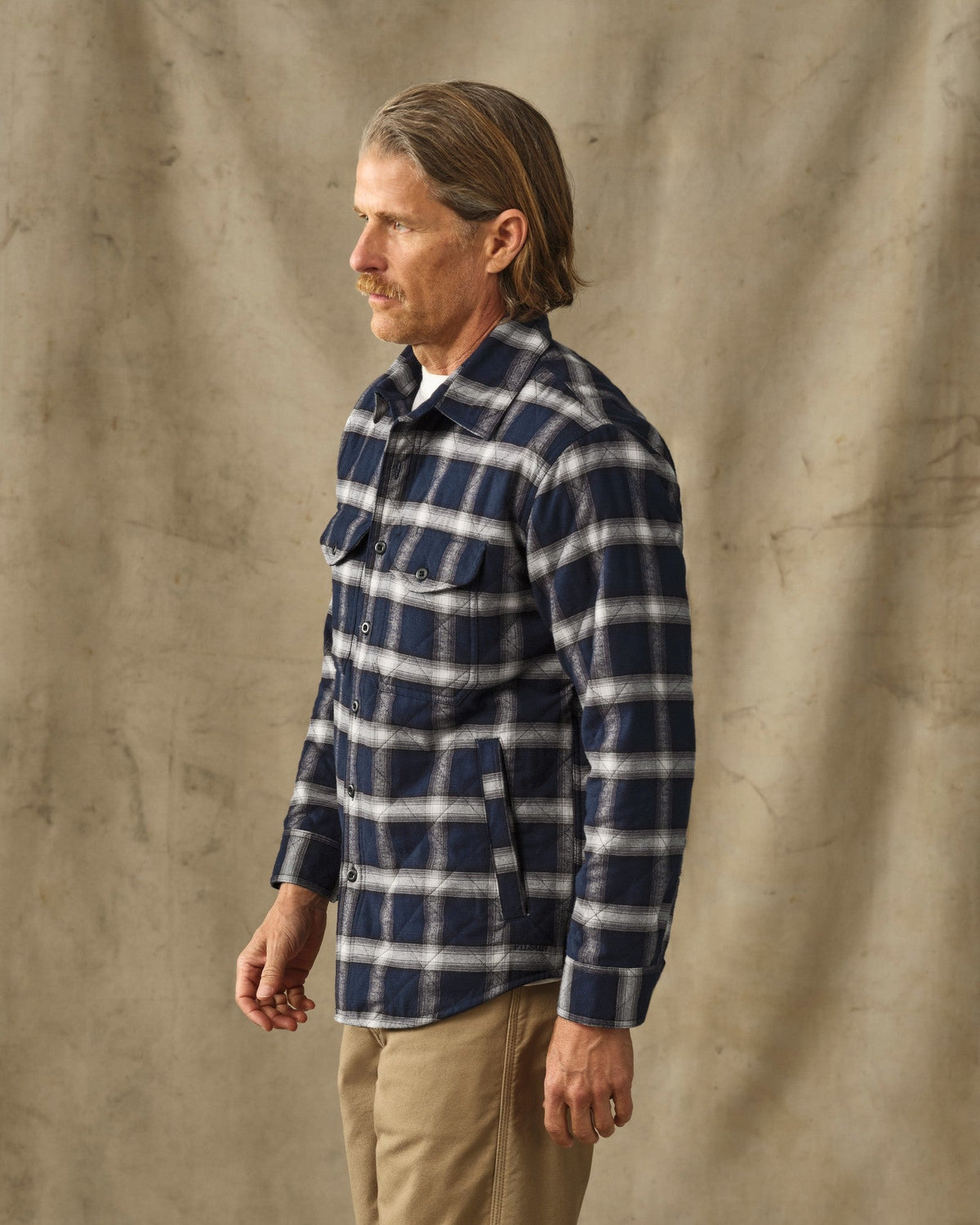 Filson Insulated Flannel Jac Shirt Navy Cream Plaid classic button front with spread collar cowboy western fashion