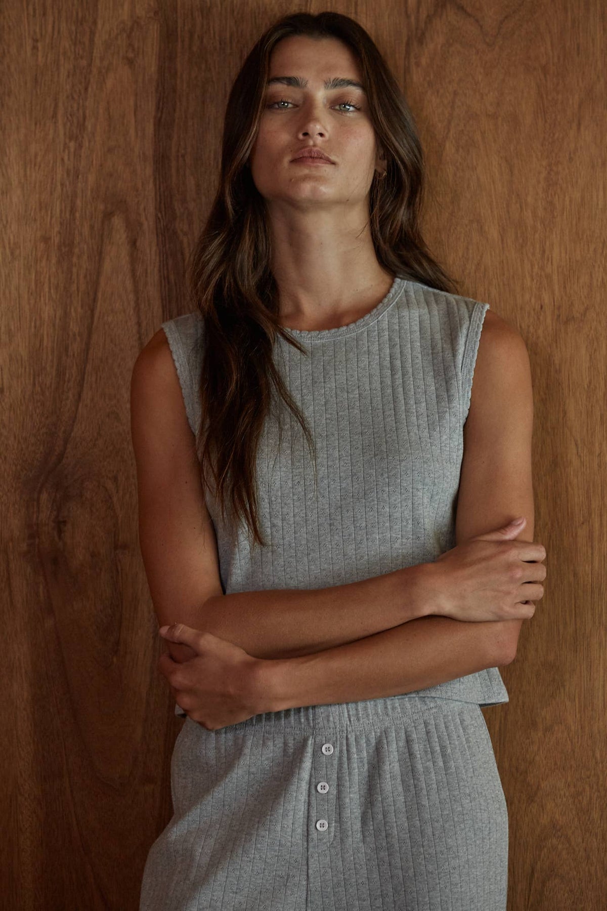 By Together Knit Cotton Pointelle Round Neck Sleeveless Tank heather grey pointelle knit sleeveless tank with a round neck womens western boutique Utah SKU L10099T3