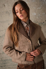 Blue B Western Two Tone Embroidered Jacket Mocha fall layering piece worn buttoned over a printed neck scarf womens western boutique