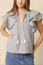 Isolde meadow gingham ruffle blouse cream black contemporary tassels ruffle sleeves boltranchstore.com Bolt Ranch Store Olivaceous