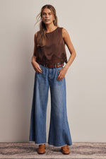 Listicle Satin Lace Hem Sleeveless Top Mocha paired with wide leg jeans for a casual western outfit