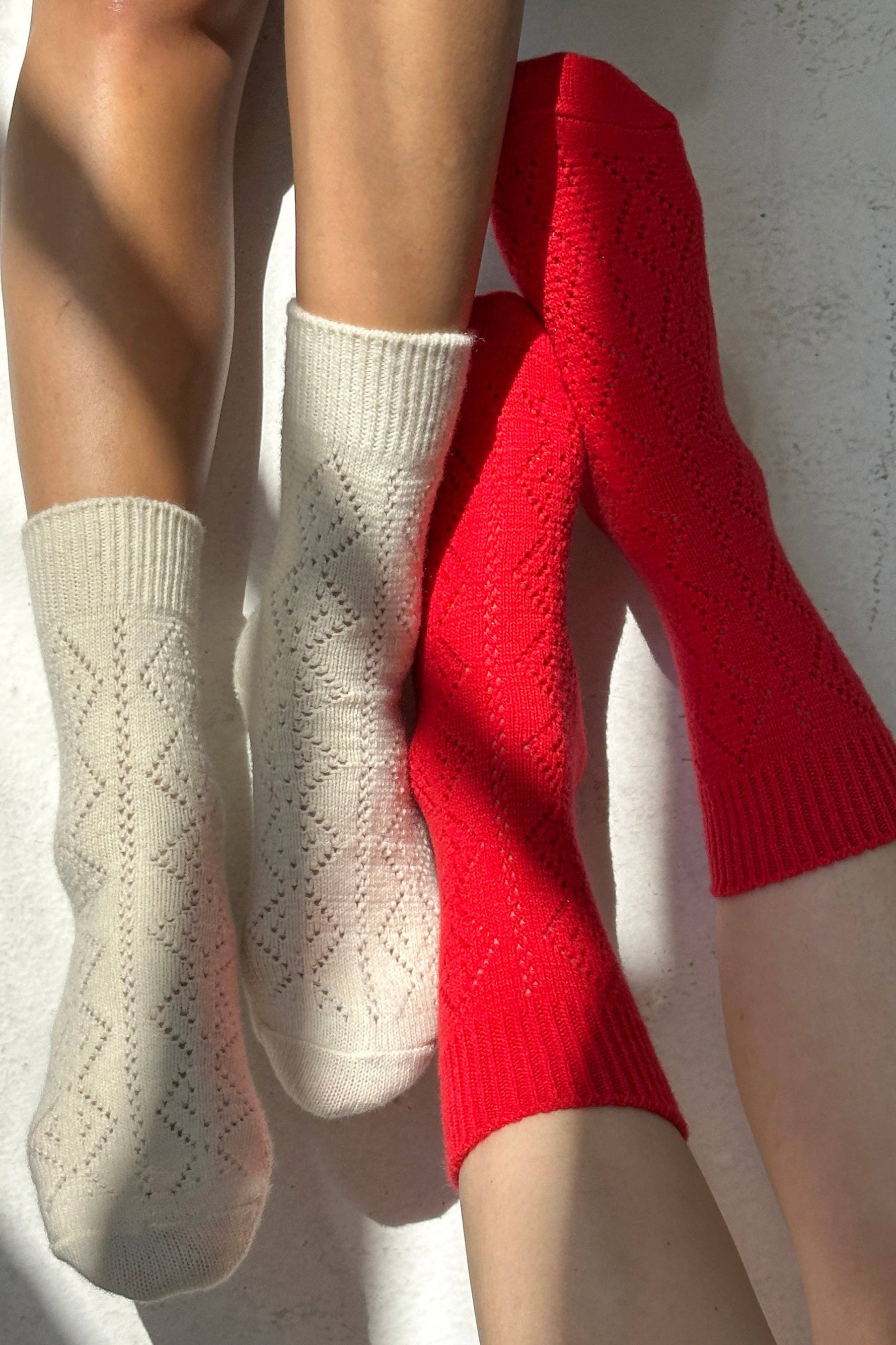 Le Bon Cashmere Pointelle Socks
 Red and beige patterned socks perfect cozy sock for around the fire cozy socks warm socks the best socks  available at boltranchstore.com