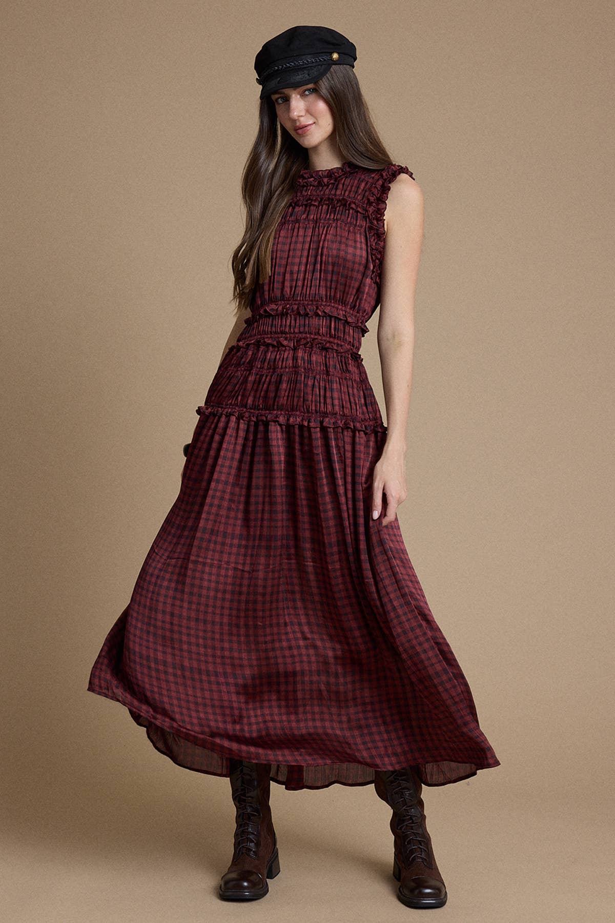 Tiffany Wine Plaid Ruffle Maxi Dress