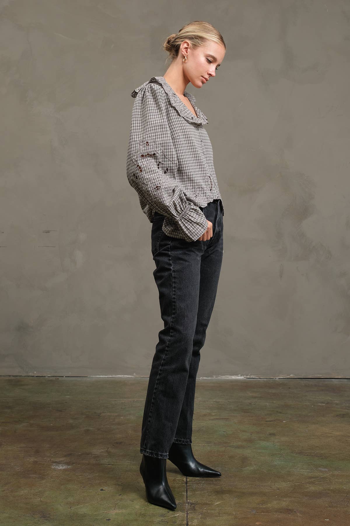 Ruffle Embroidered Check Blouse