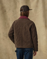 Filson Womens Quilted Outfitter Jacket Dark Brown moleskin topped collar adding a soft contrast at the neckline cowgirl western fashion