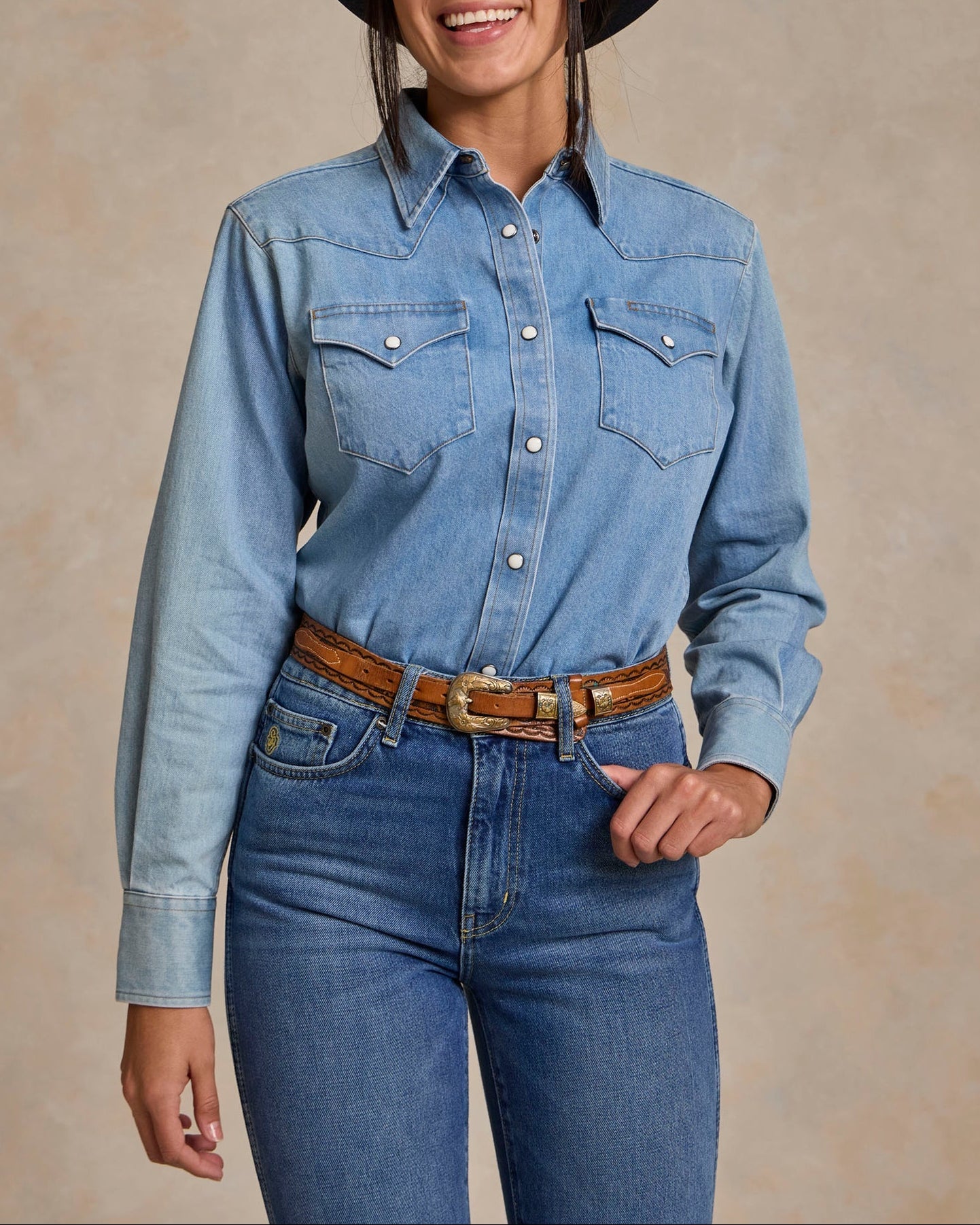 Schaefer Womens Western Denim Pearl Snap