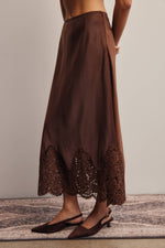 Listicle Stretch Satin Lace Trim Maxi Skirt Mocha rich mocha shade that pairs with fall and winter knits