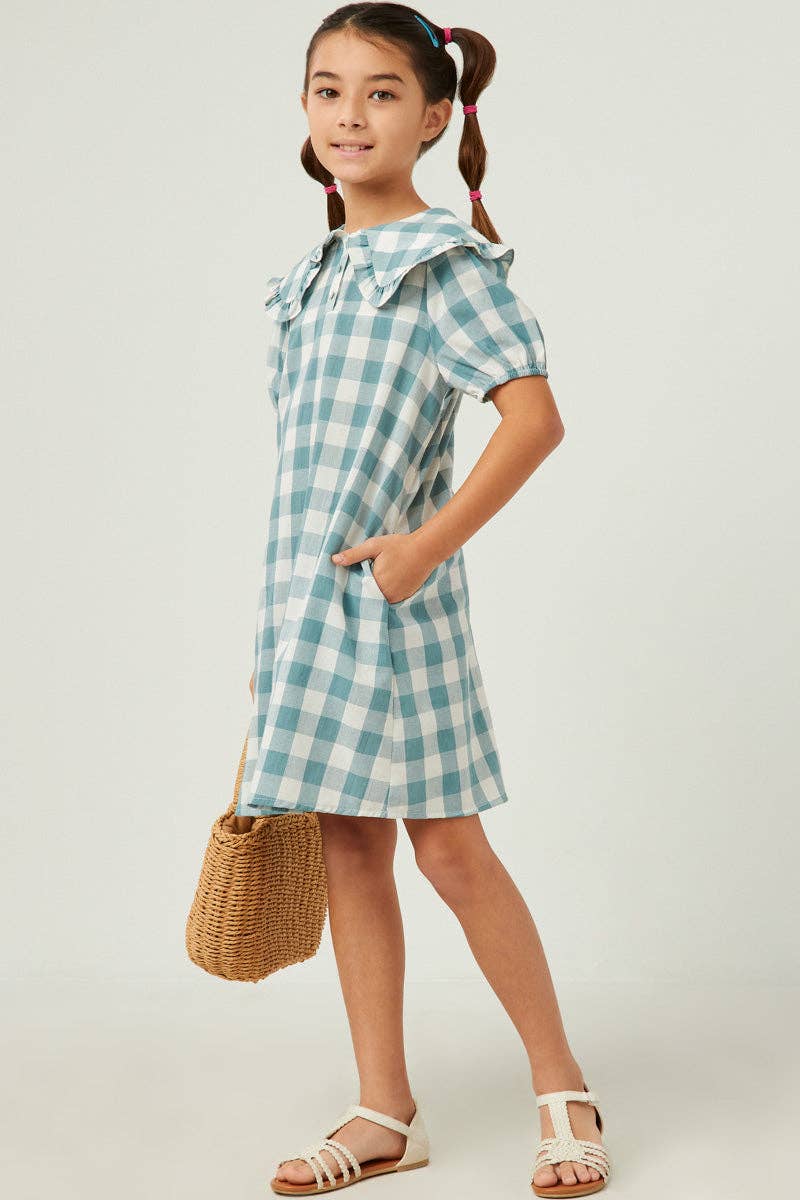 Girls Bib Collar Checkered Dress