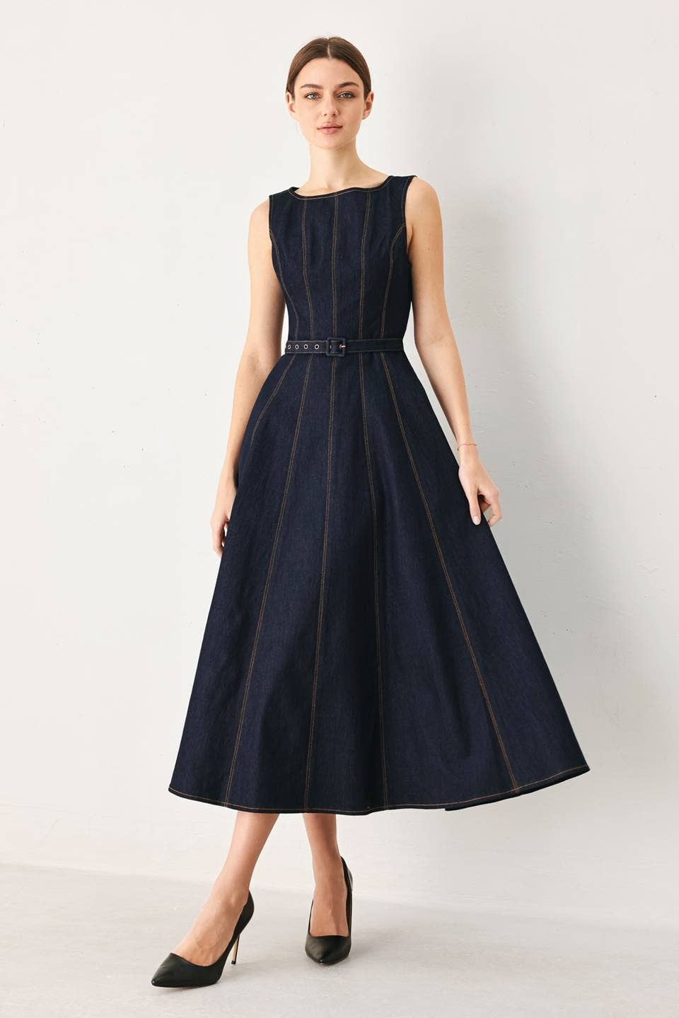Flying Tomato Denim Midi Dress wide neckline and sleeveless bodice cowgirl