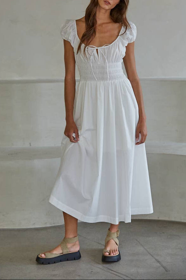 white summer dress with cap sleeves tie smocked waist 100% cotton scoop neck doen dupe Boltranchstore.com Bella Smocked Waist Midi Dress 