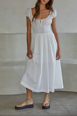 white summer dress with cap sleeves tie smocked waist 100% cotton scoop neck doen dupe Boltranchstore.com Bella Smocked Waist Midi Dress 