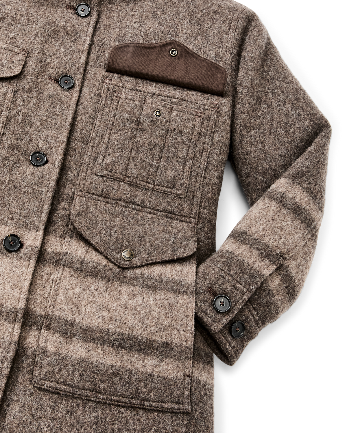 Filson Womens Kodiak Shawl Collar Coat Khaki Heather Stripe torso lined with soft cotton flannel for comfort in cold weather Utah