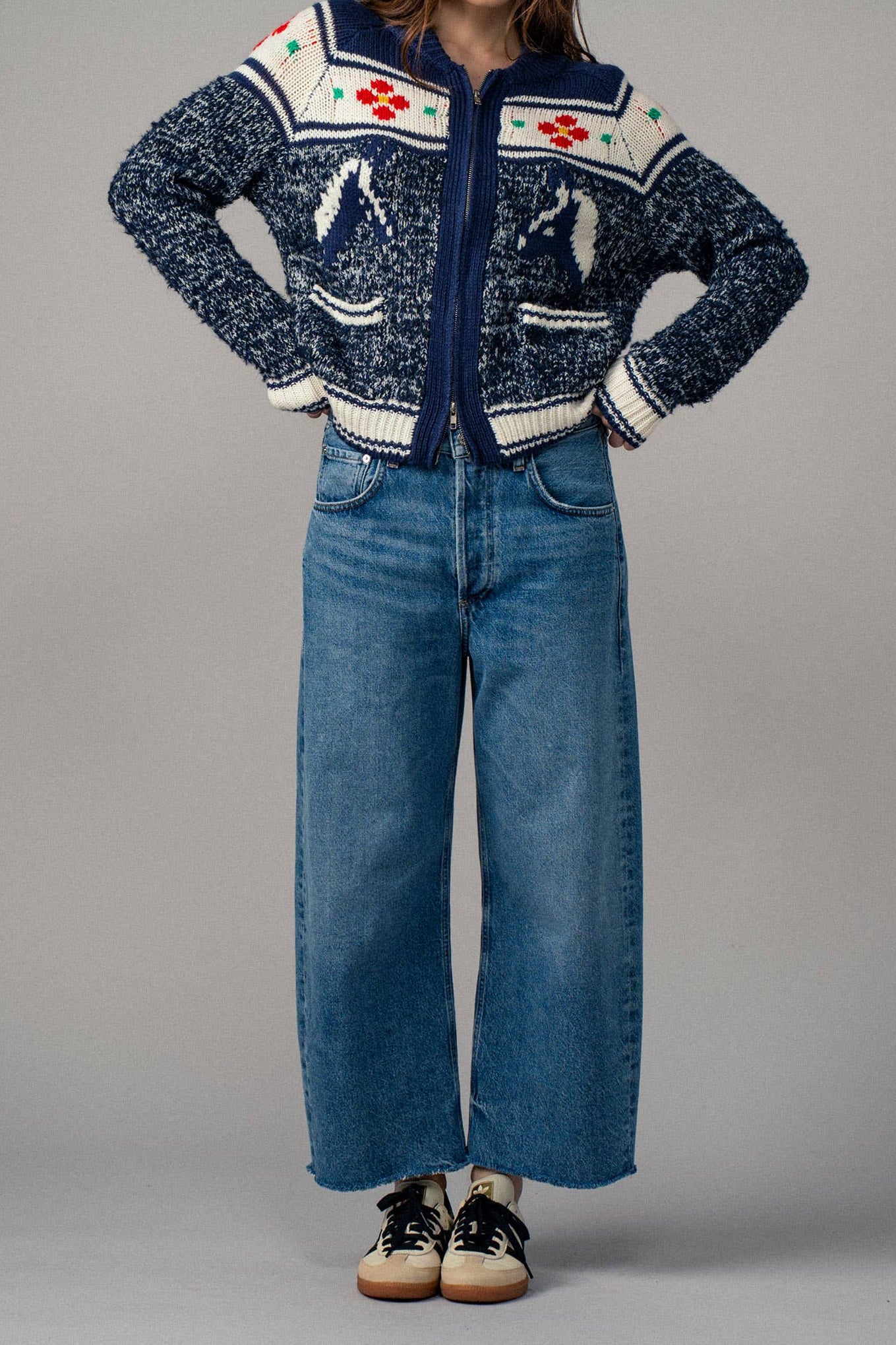 Floral Yoke Zip Up Knit Cardigan