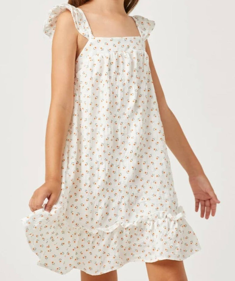 Girls Floral Flutter Shoulder Square Neck Dress