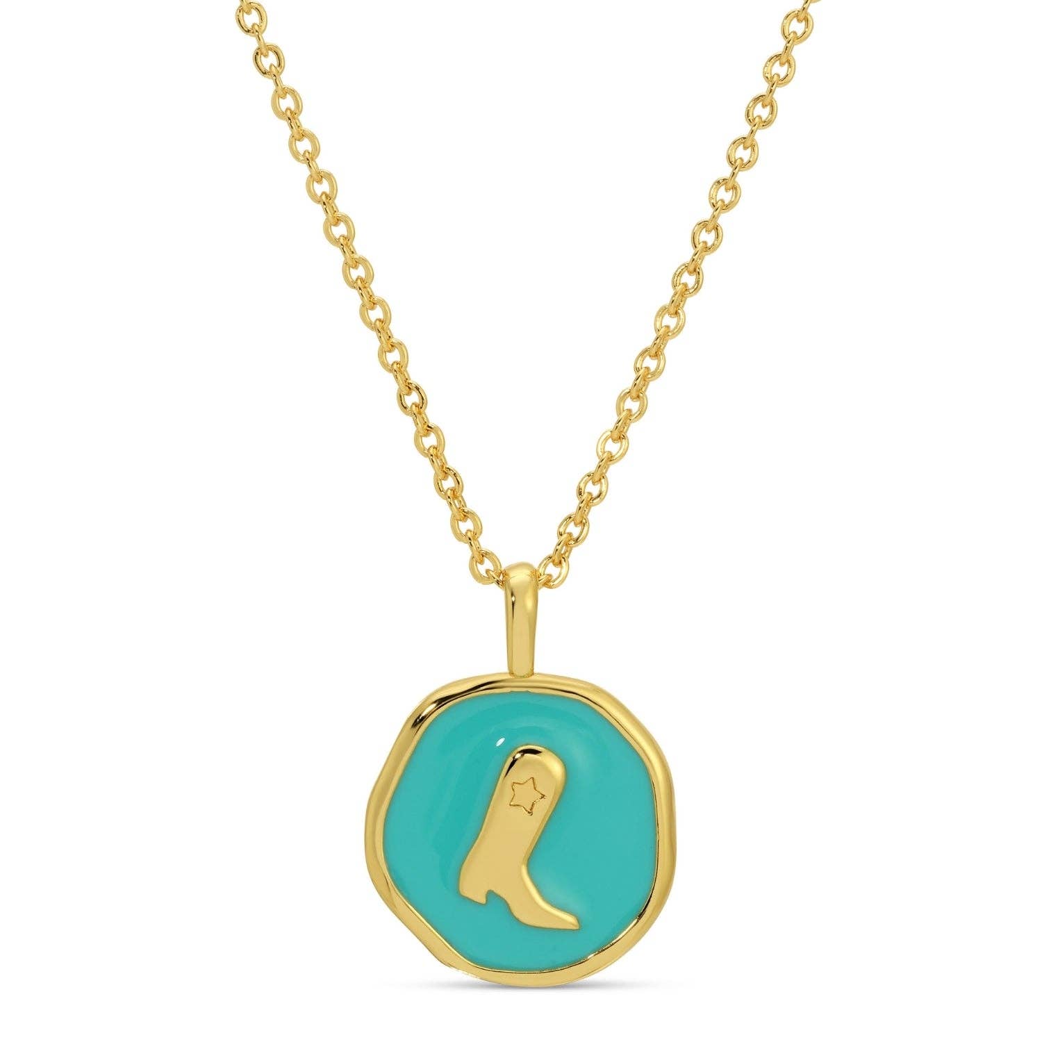 Gold necklace with a turquoise pendant with cowboy boot perfect everyday wear at boltranchstore.com