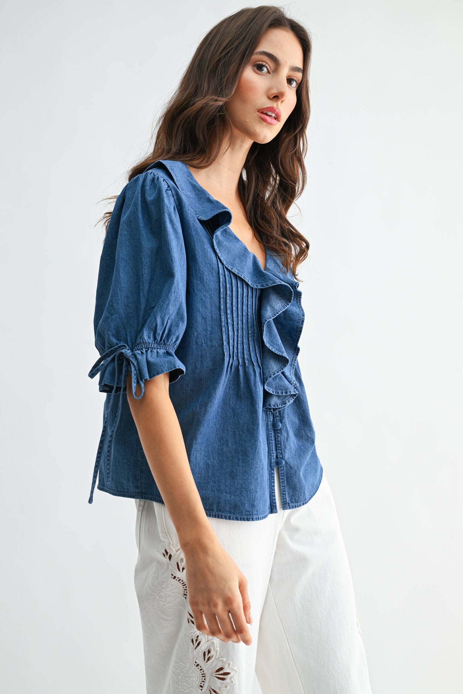 Cally Denim Pleated Ruffle Blouse